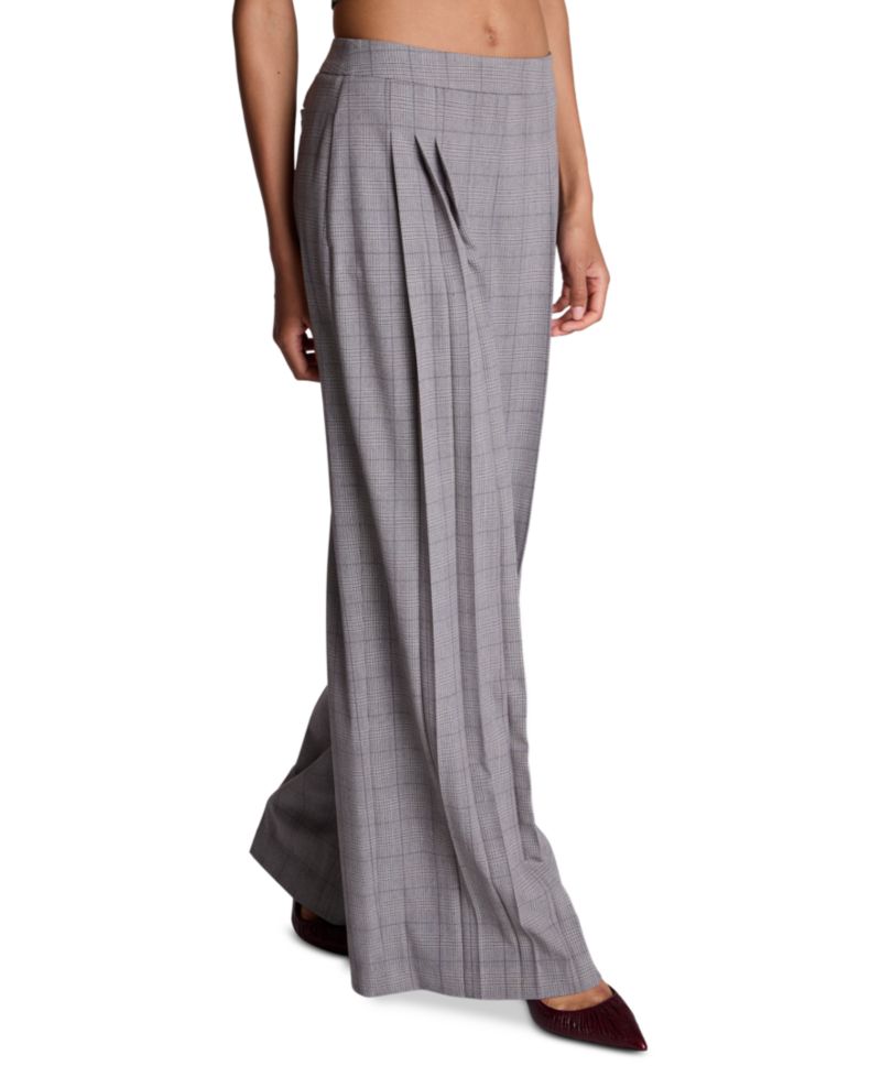 Women's Boyfriend High Rise Triple Pleat Wide Leg Plaid Pants