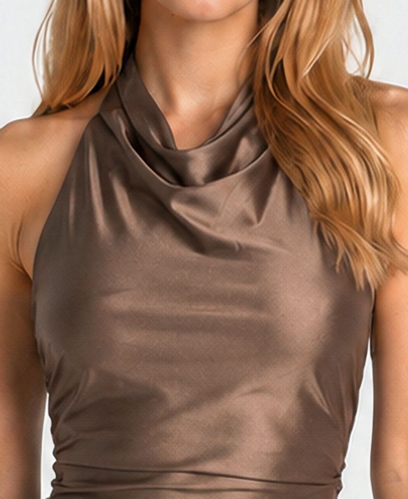 Juniors' Cowl-Neck Halter Open-Back Gown