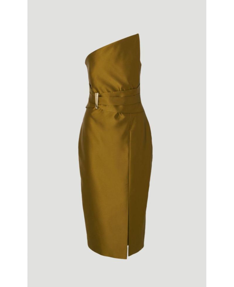 Women's Satin Twill Asymmetric Neck Midi Dress
