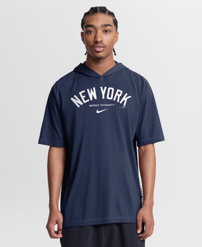 Men's Navy New York Yankees Arched Wordmark Tri-Blend Hooded T-Shirt