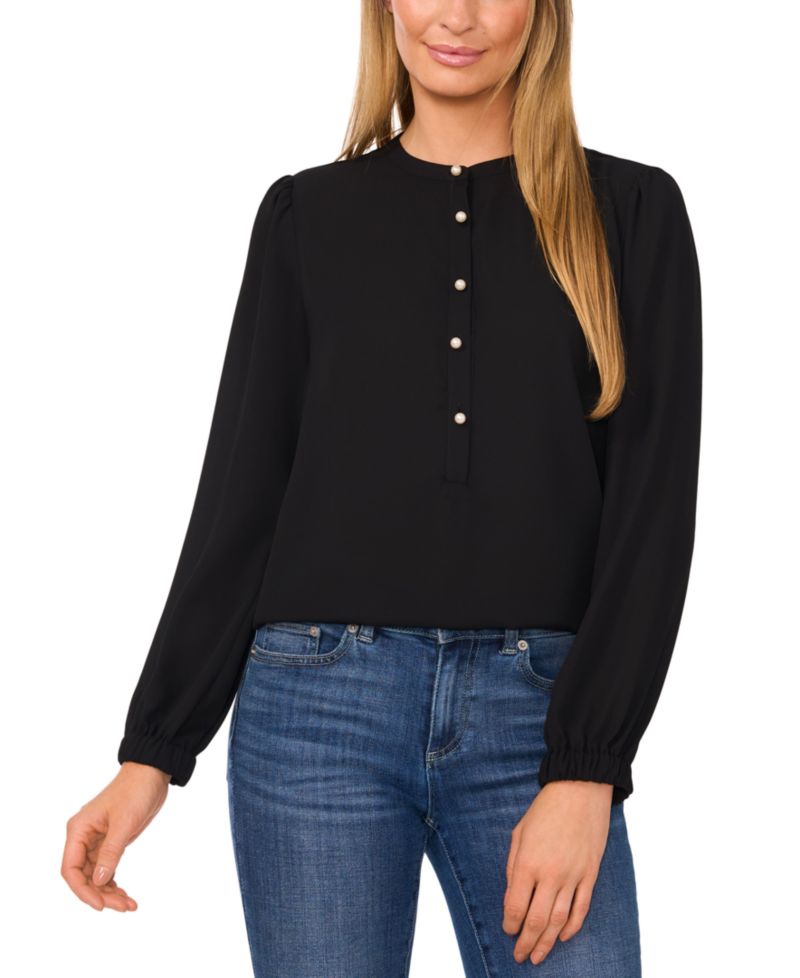 Women's Crewneck Faux-Pearl-Button Blouse