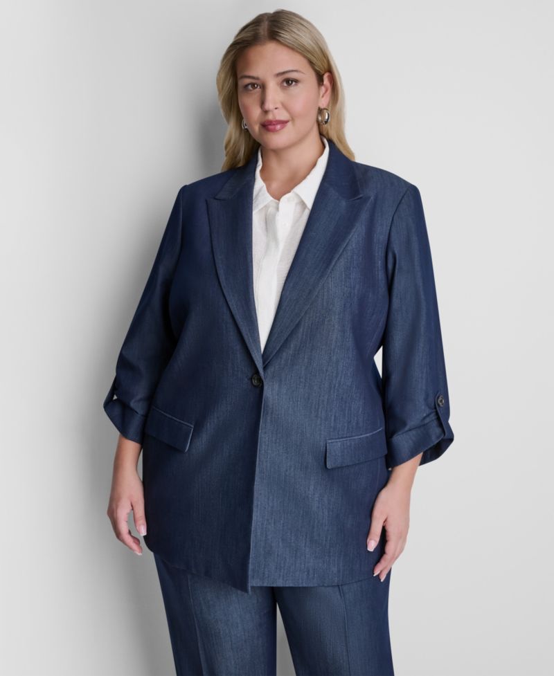 Plus Size Long-Sleeve One Button Roll Cuff Blazer