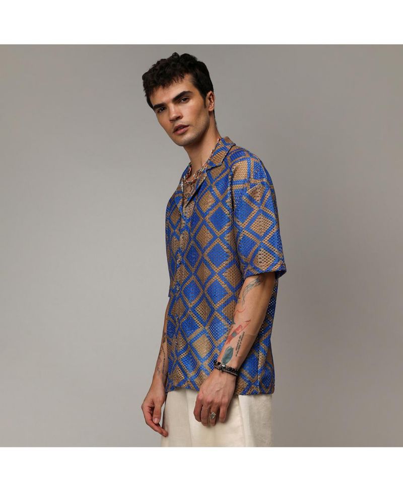 Men's Royal Blue & Mocha Brown Geometric Block Oversized Shirt