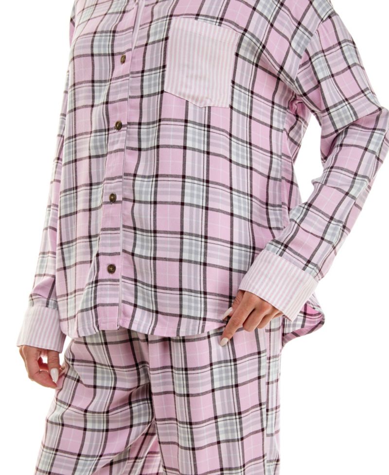 Women's Flannel Collared Long-Sleeve Shirt and Pant Pajama Set