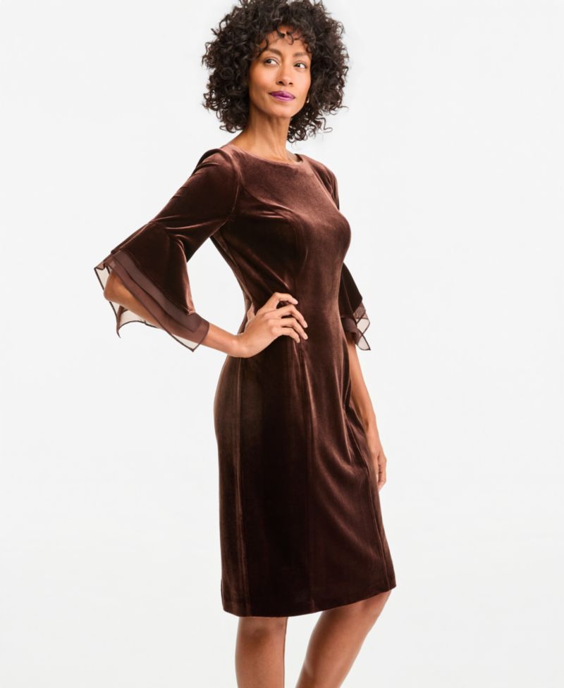 Plus Velvet Bell-Sleeve Mesh-Trim Dress