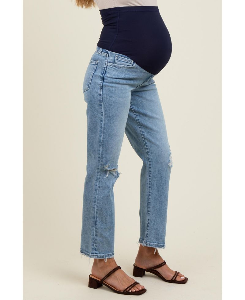 Women's Light Blue Distressed Open Knee Ankle Straight Leg Jeans
