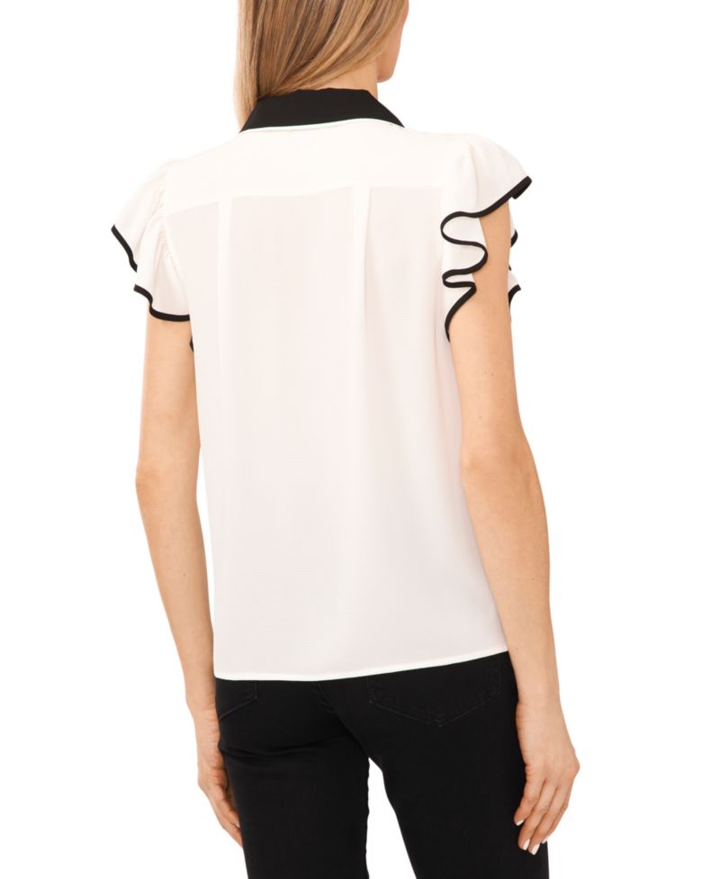 Women's Contrast Trimmed Flutter Sleeve Blouse