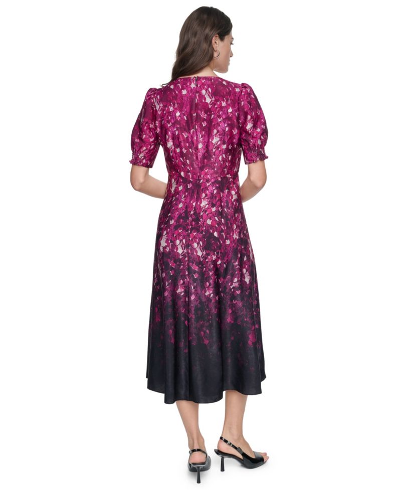 Women's Puff-Sleeve Printed Midi Dress