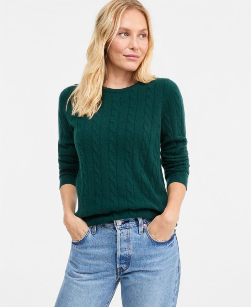 Petite Cable-Knit Crewneck 100% Cashmere Sweater