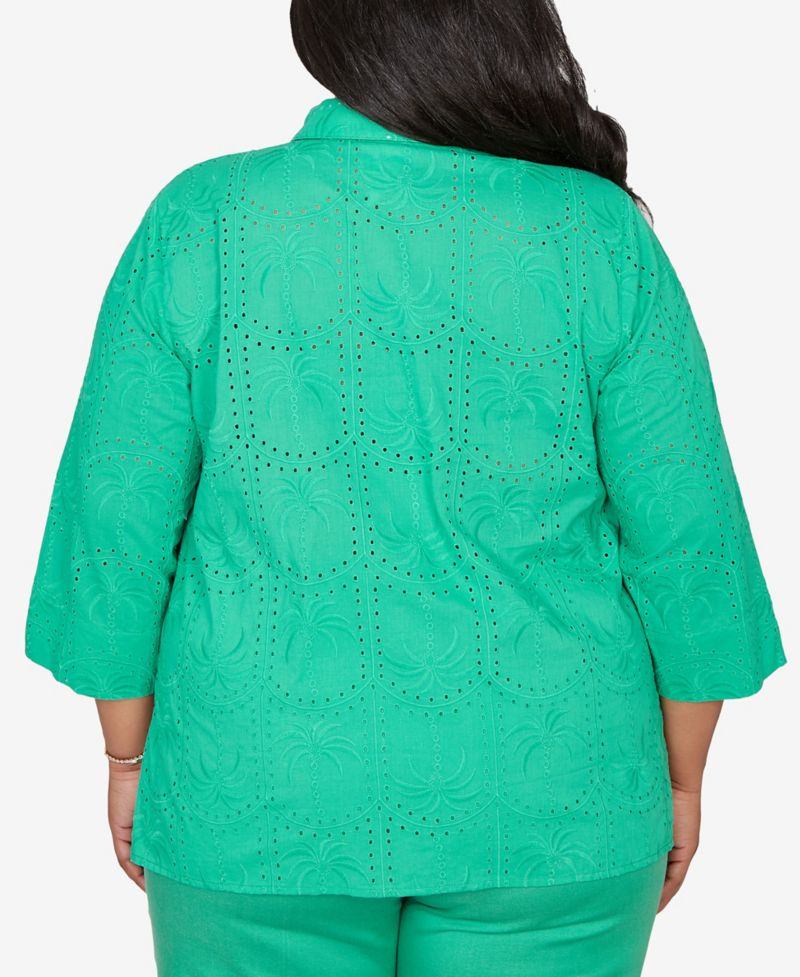 Plus Size Resort Living Eyelet Palm Tree Button-Front Top