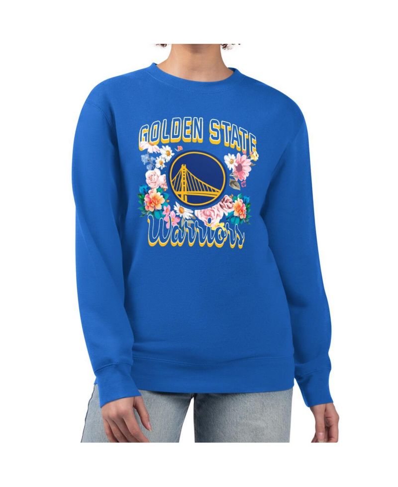 Women's Royal Golden State Warriors Flowers Team Logo Graphic Fleece Crewneck Pullover Sweatshirt