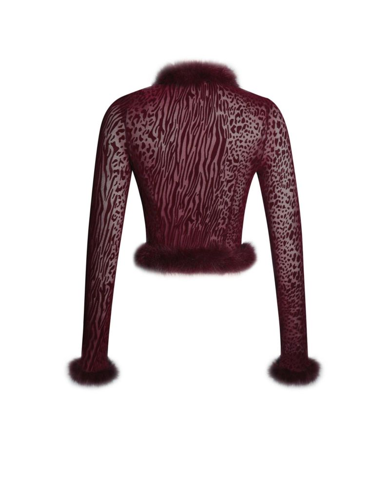 Women's Hali Burgundy Animal Print Burnout Velvet Fur Trim Top