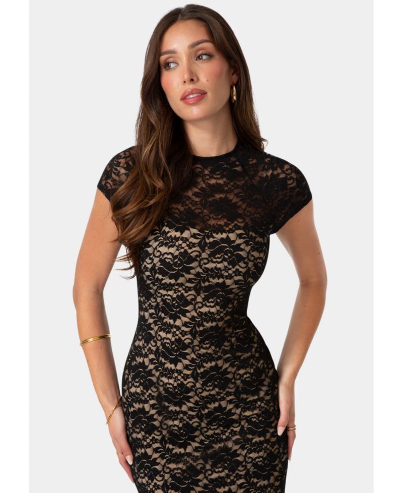 Women's Floral-Lace Cap-Sleeve Midi Dress