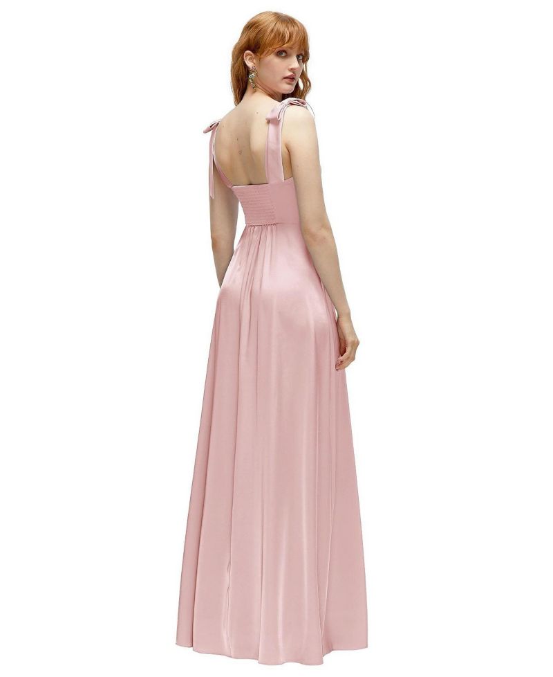 Women's Square Neck Fluid Satin Maxi Dress with Bow Straps
