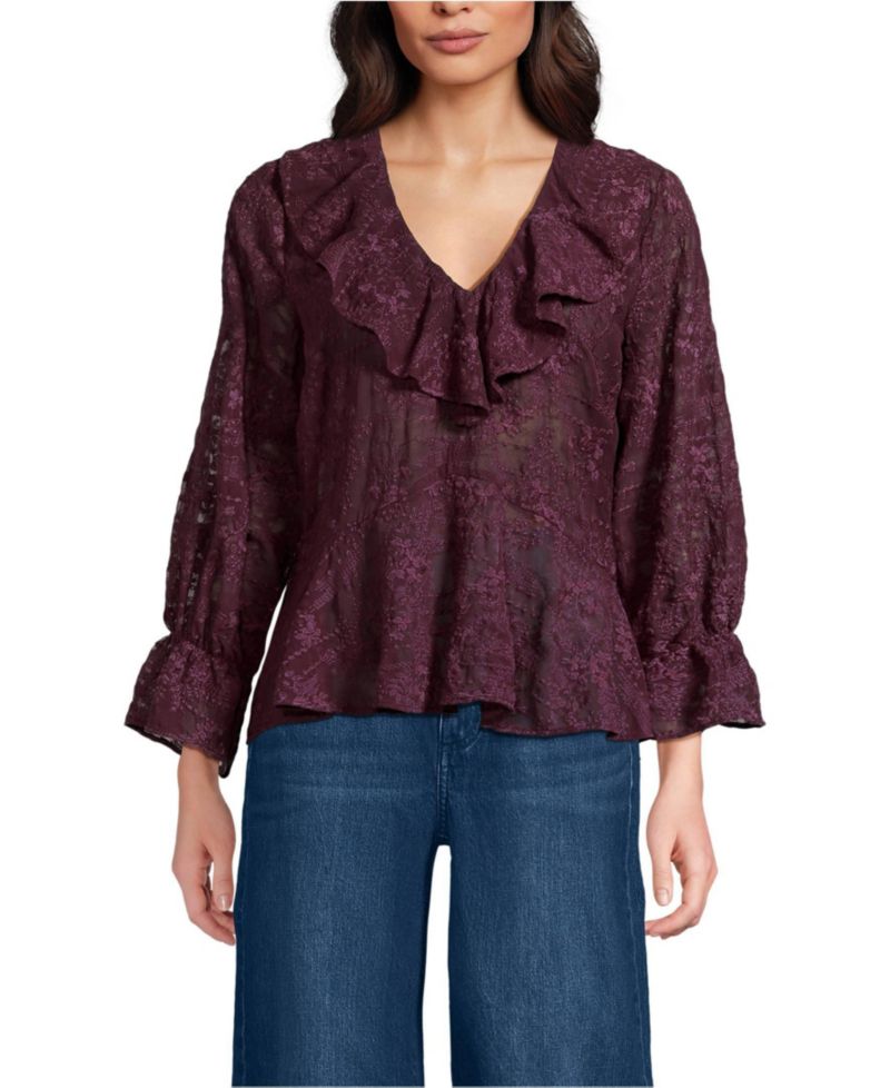 Women's Feminine Ruffle Chiffon V-neck Blouse