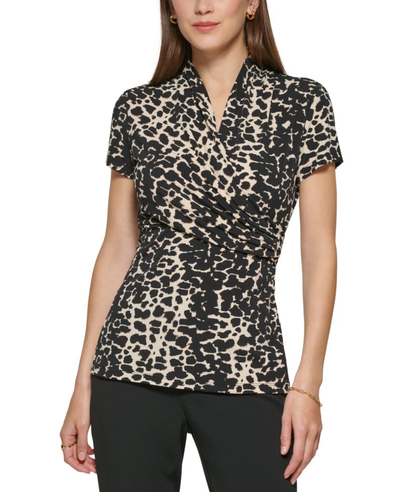Petite Animal-Print Draped Surplice Blouse