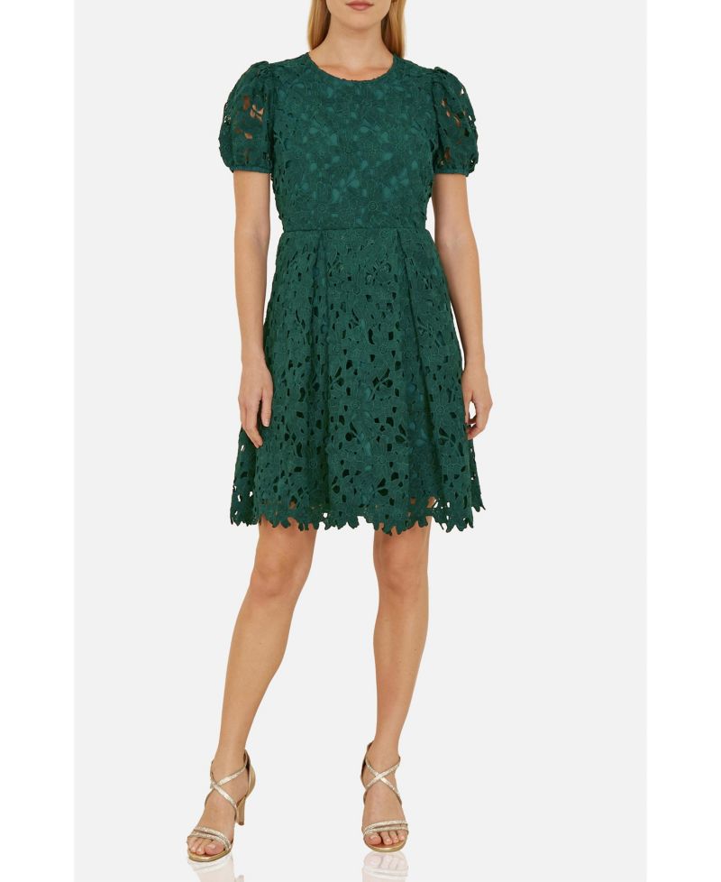 Women's Lace Puff Sleeve Fit Flare Mini Dress