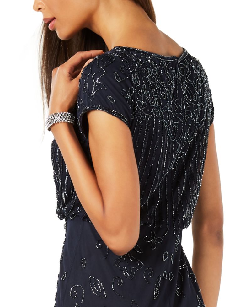 Women's Beaded Short-Sleeve Sheer-Overlay Gown