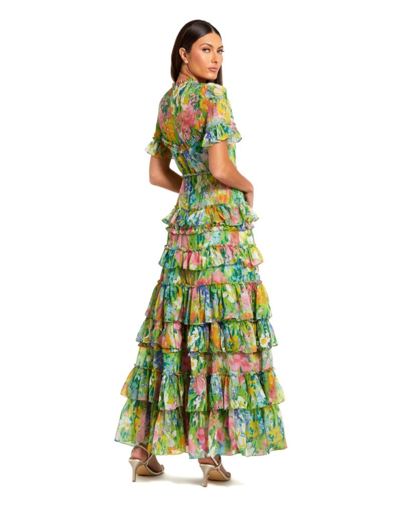 Petite Green Ruffle Tiered Chiffon Floral Dress