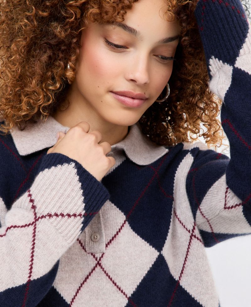 petite 100% Cashmere Argyle Oversized-Collar Sweater