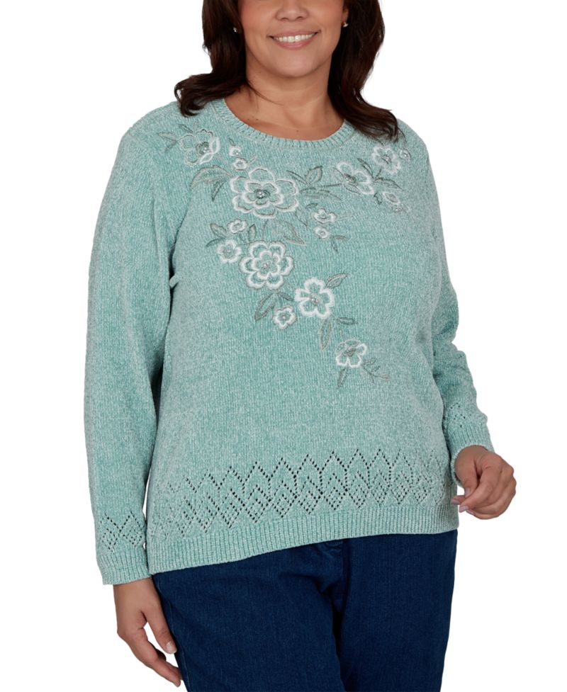 Plus Size Embroidered Floral Textured Chenille Sweater