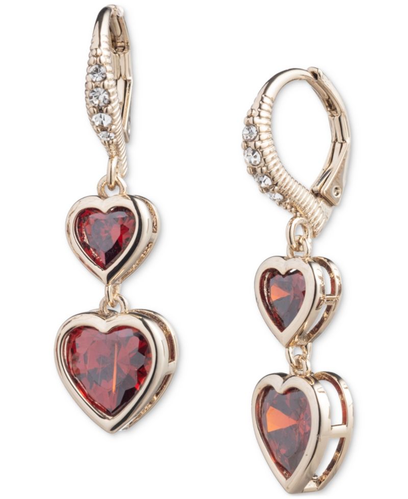 Gold-Tone Red Cubic Zirconia Heart Double Drop Earrings