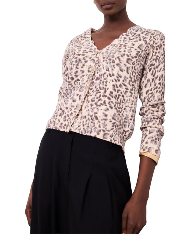 Women's Leopard-Print Scallop-Trim Cardigan