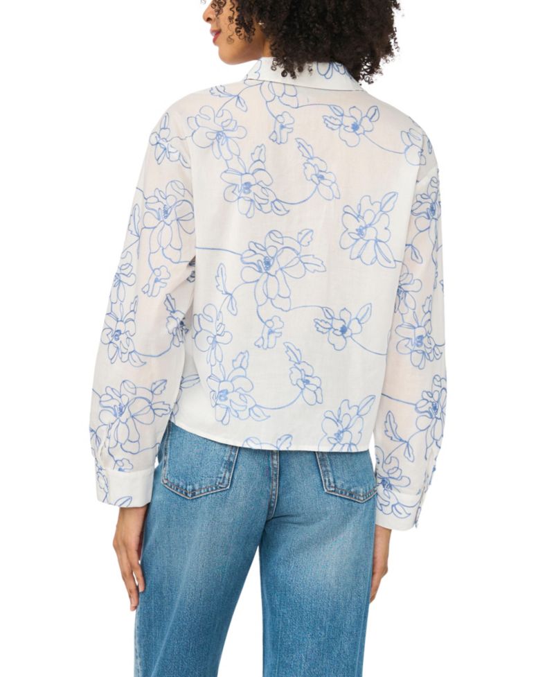 Women's Cropped Embroidered Button-Down Blouse
