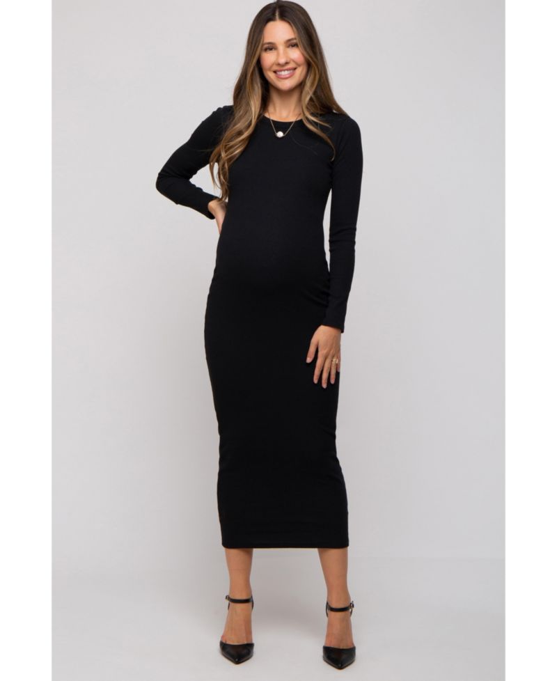 Women's Charcoal Ribbed Fitted Long Sleeve Midi Dress