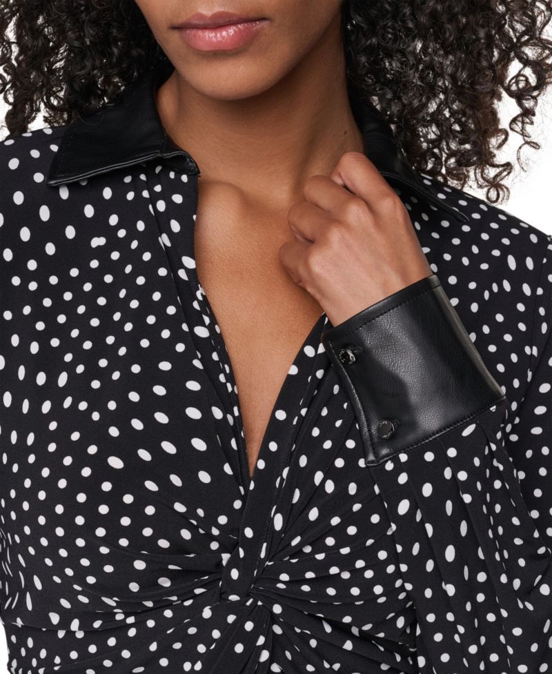 Women's Long-Sleeve Twist-Front Polka-Dots Blouse