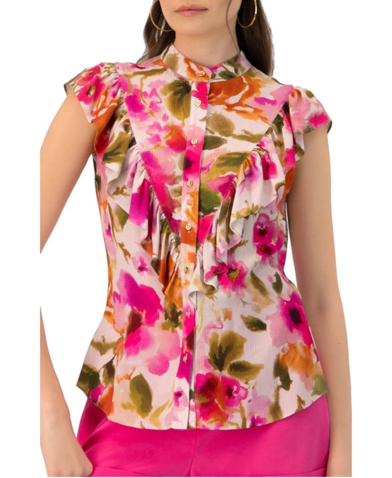 Women's Sleeveless Floral Blouse with Ruffle Detail