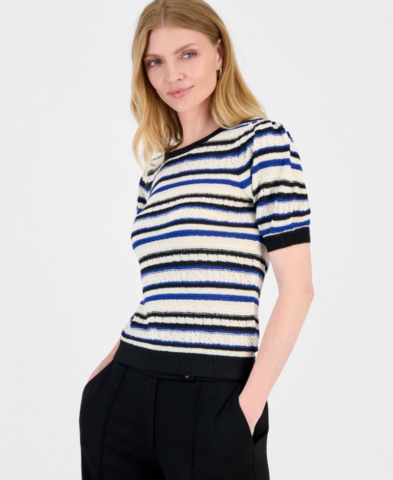 Women's Striped Puff-Sleeve Pointelle-Knit Top