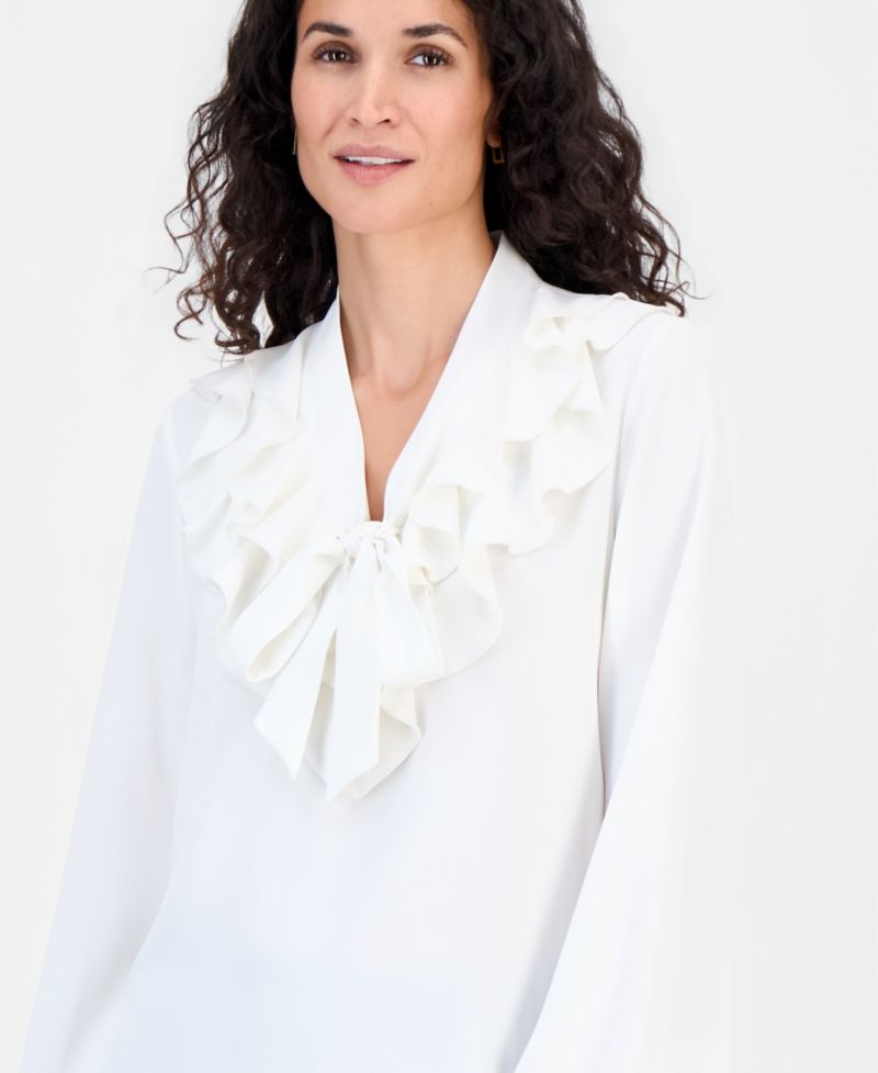 Women's Ruffle-Neck Tie-Front Long-Sleeve Blouse