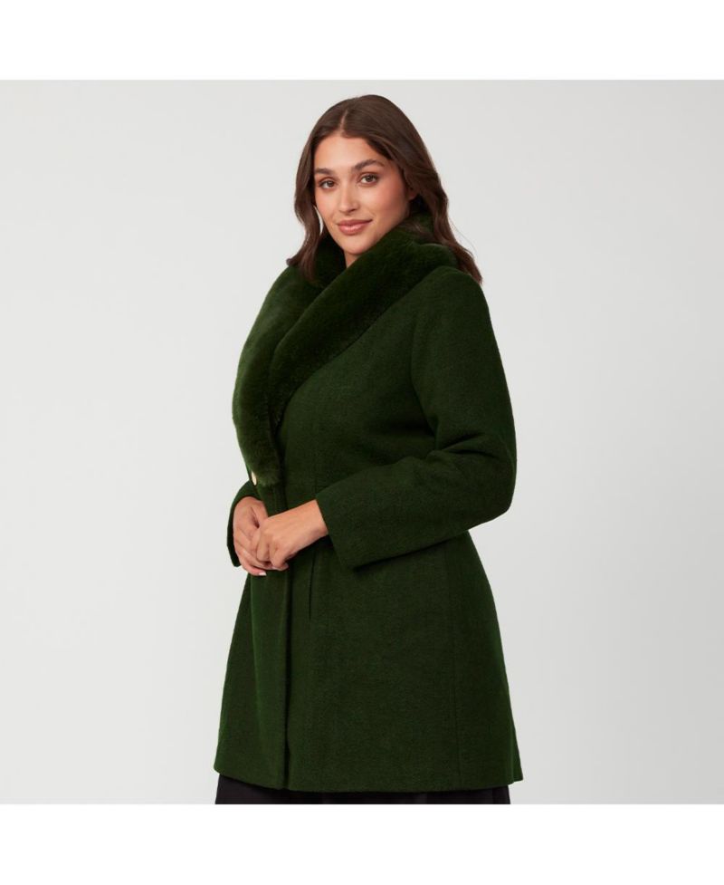 Women's Grammys Green Olive Fur Collar Coat