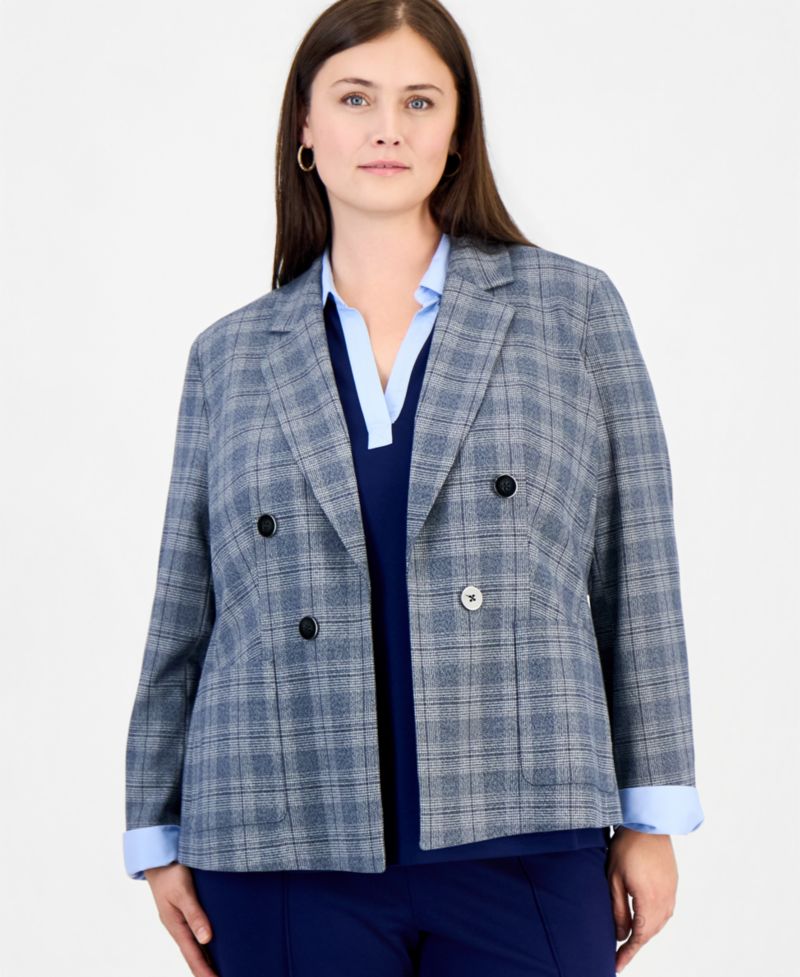 Plus Size Faux Double-Breasted Plaid Patch-Pocket Blazer