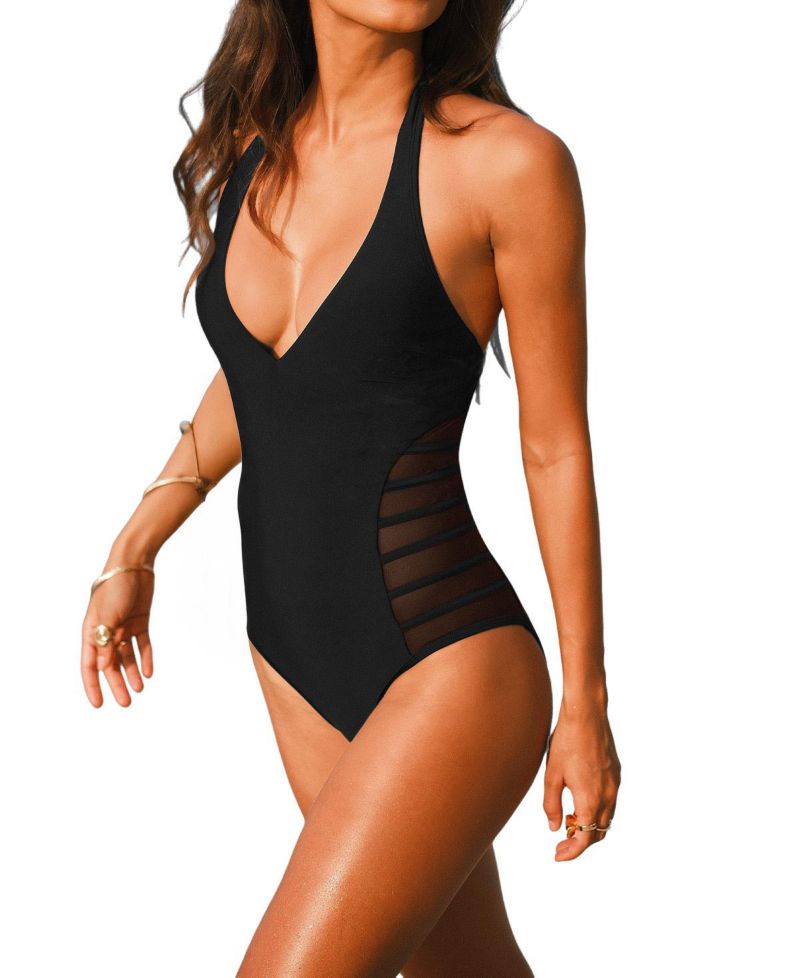 Women's Halter Plunging V-Neck Side Mesh One-Piece Swimsuit