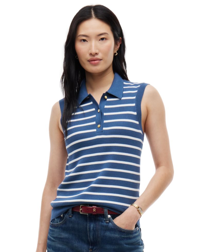 Women's Fine Gauge Polo Collar Sleeveless Sweater