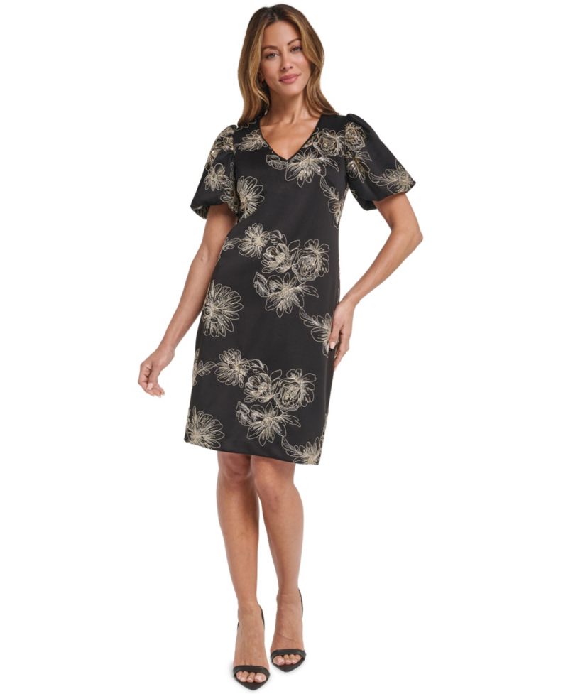 Petite Puff-Sleeve Floral-Print Fit & Flare Dress