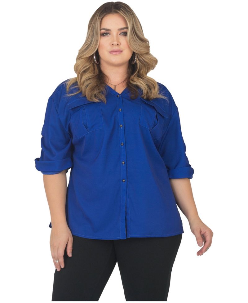 Plus Size Button-Down Roll-Up Sleeves Shirt