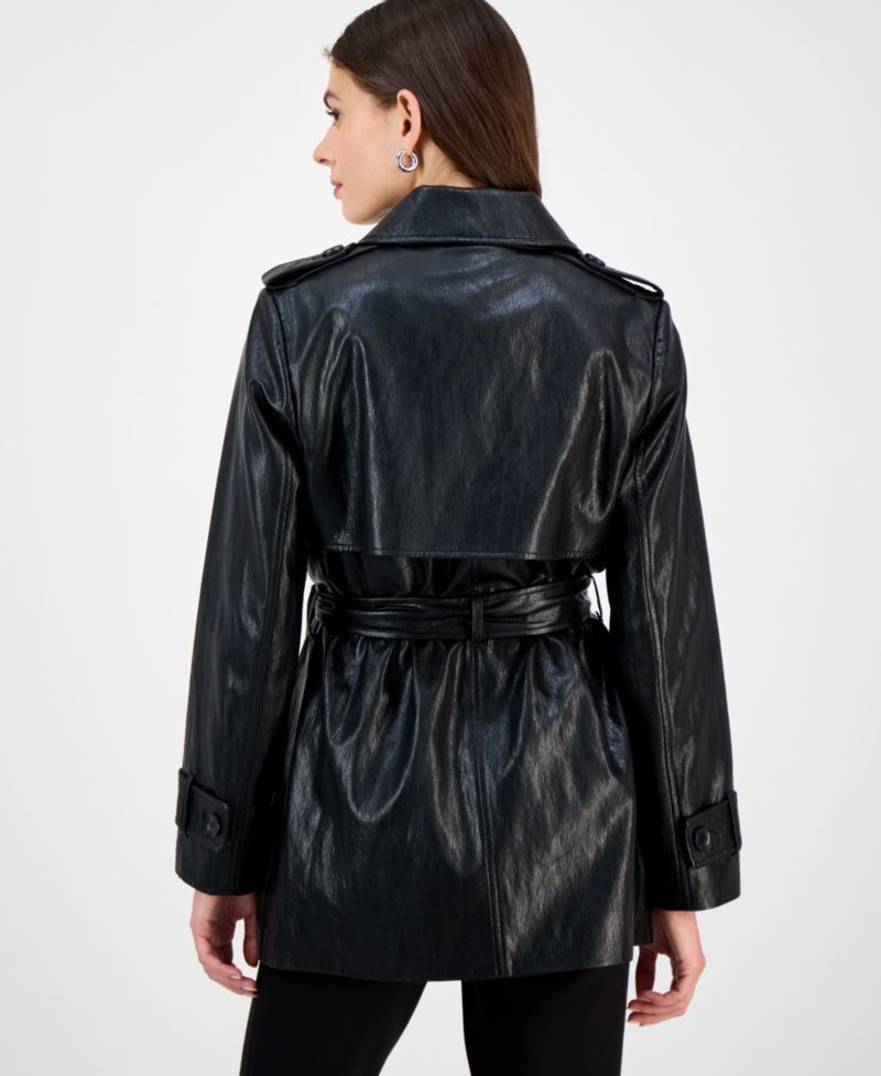 Petite Double-Breasted Faux-Leather Belted Trench Coat