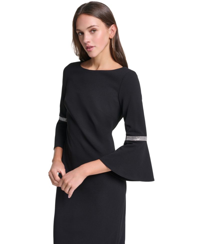 Women's Boat-Neck Bell Sleeve with Rhinestone Trim Sheath Dress