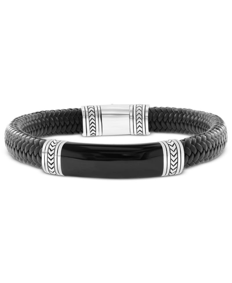 EFFY® Men's Onyx & Woven Leather Bracelet in Sterling Silver