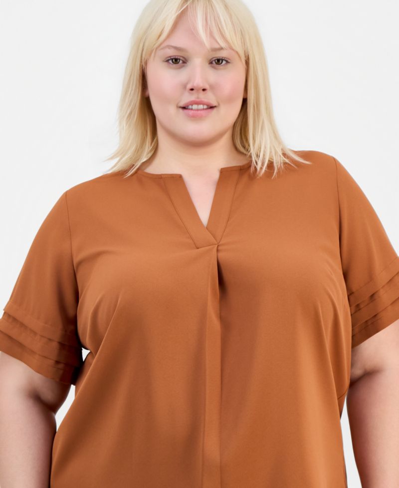 Petite Pleated-Sleeve Split-Neck Top