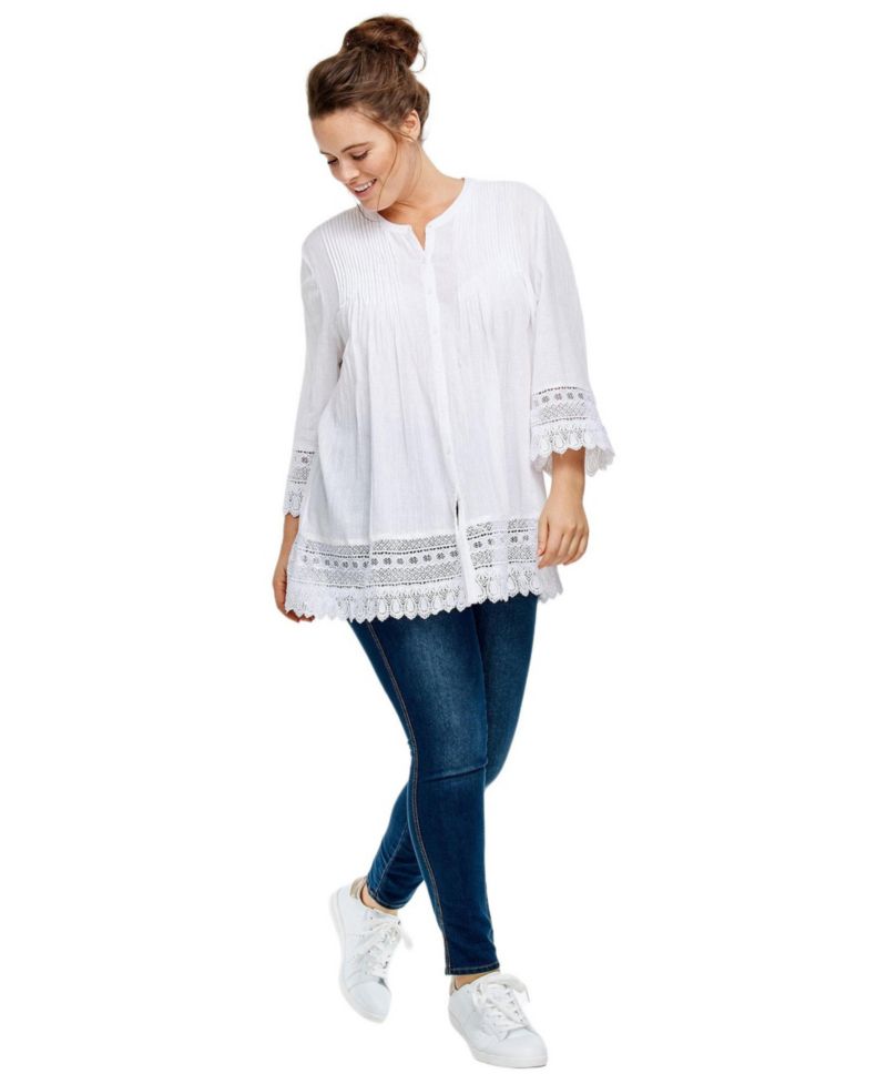 Women's 100% Cotton Crepe Button-Front Three-Quarter Sleeve Crochet Trim Blouse