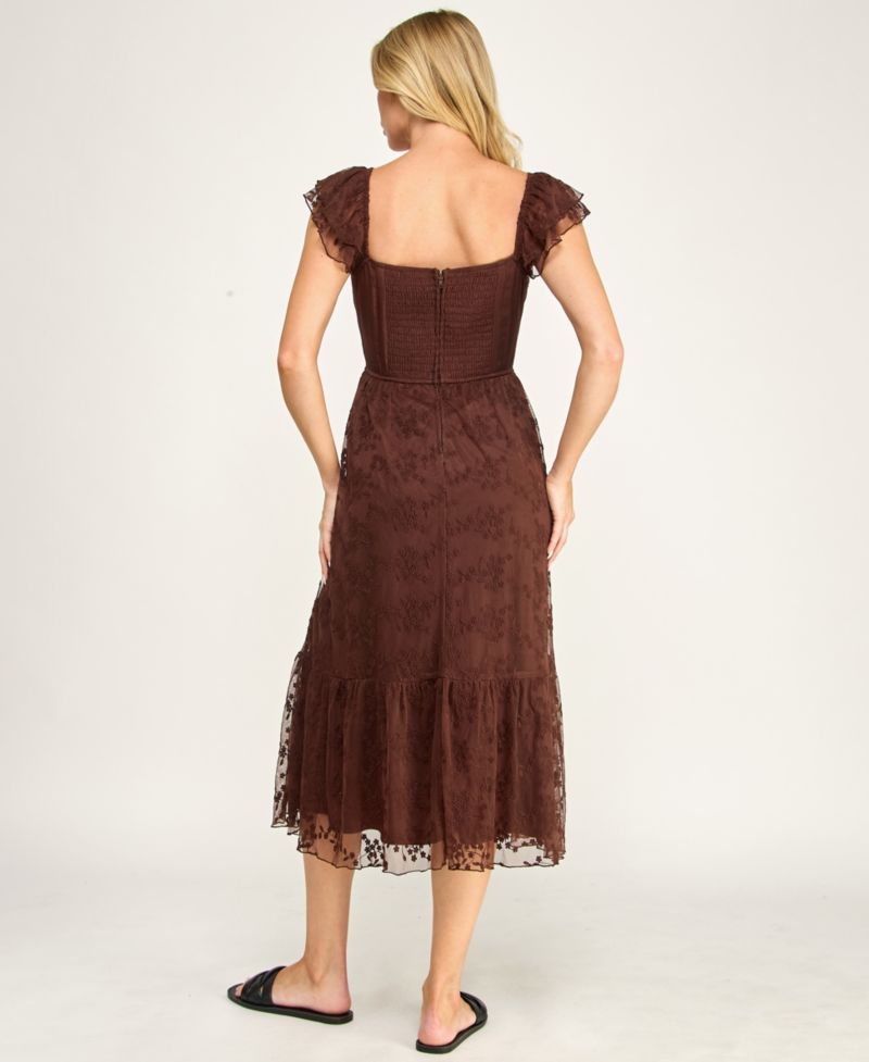 Juniors' Sweetheart-Neck Flutter-Sleeve Lace Midi Dress