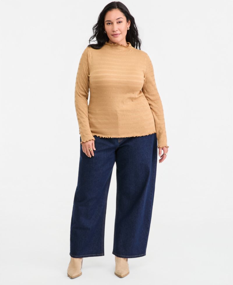 Plus Size Long-Sleeve Funnel Neck Puckered-Rib Top