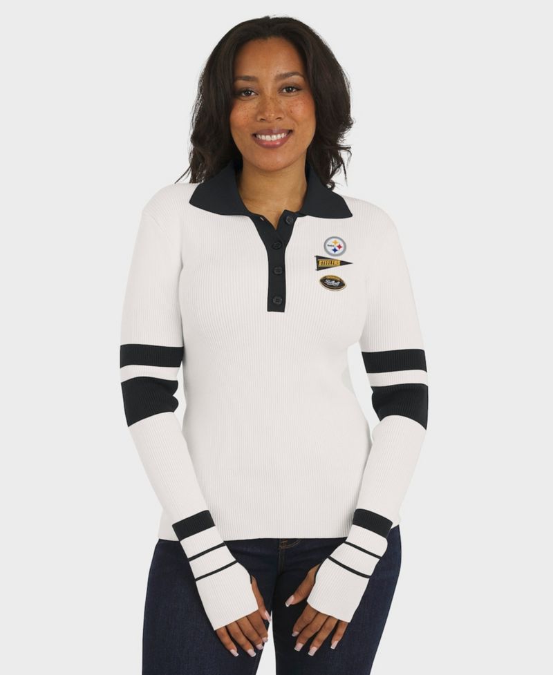 Women's White Pittsburgh Steelers Ribbed Henley Polo Sweater