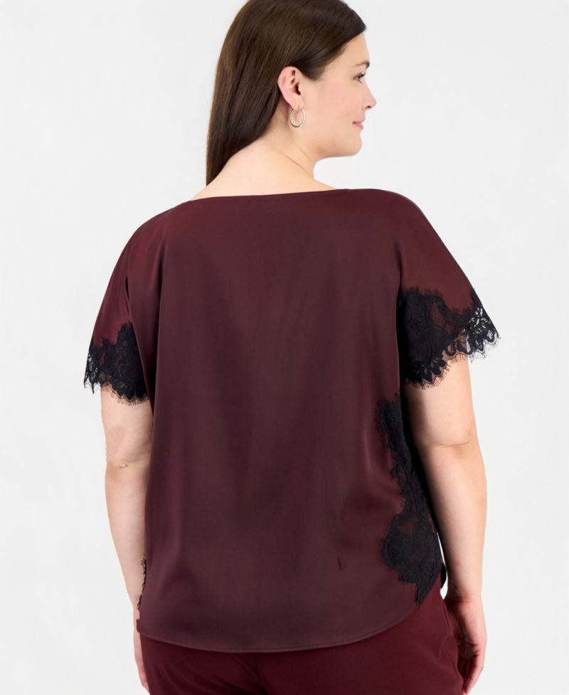 Plus Size Lace-Trim Short-Sleeve Bateau Neck Blouse
