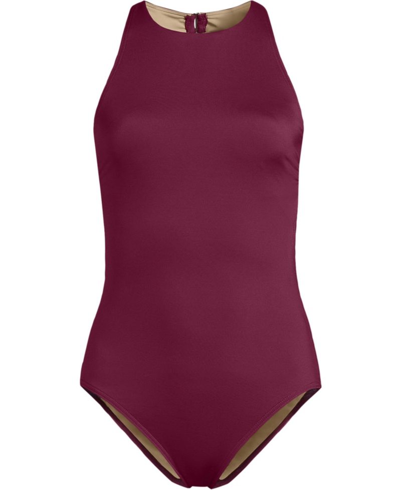 Women's Long Torso Tugless High Neck Portrait Back One Piece Swimsuit