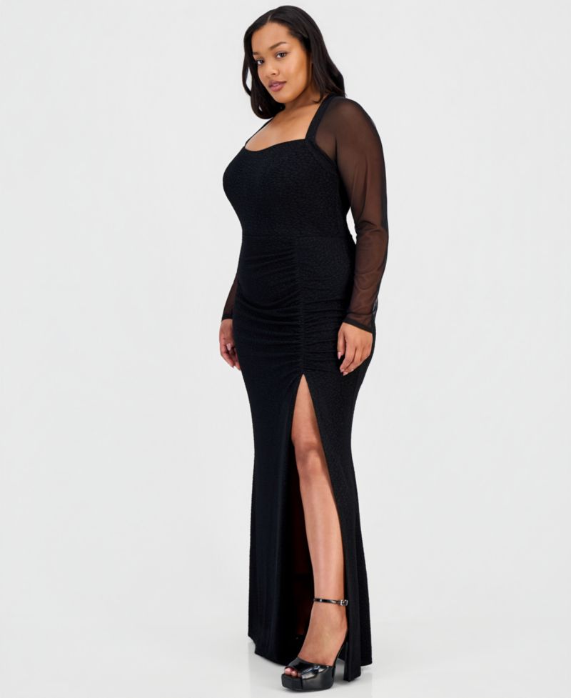 Trendy Plus Size Mesh-Sleeve High-Slit Gown